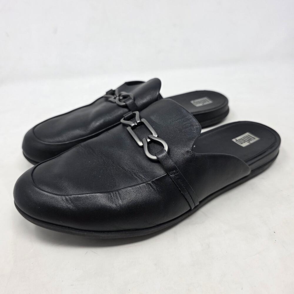 FitFlop Black Leather Loafer Mule Horsebit Slip On Flats Womens 8